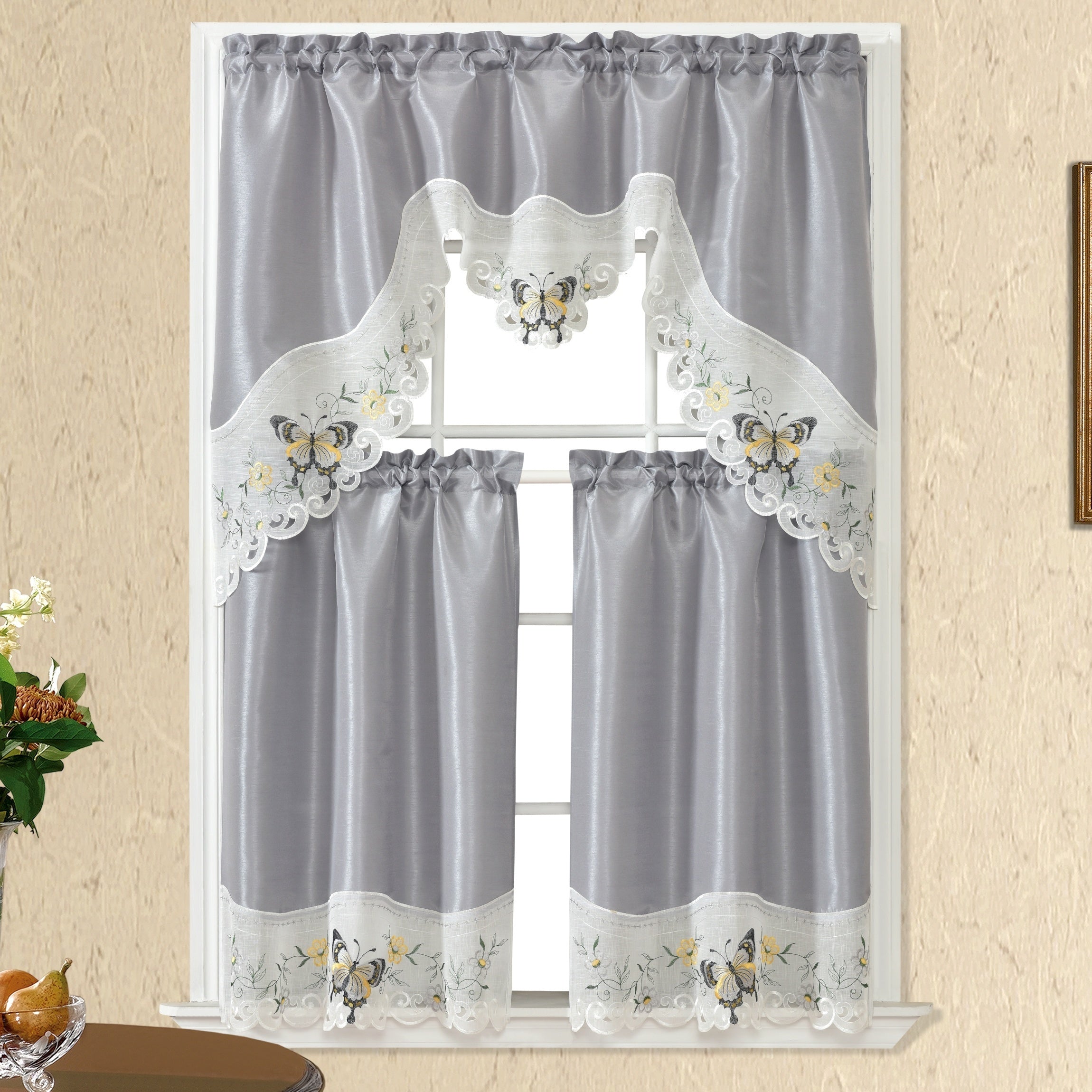 1 SET 3pcs/set Polyester plain fabric with beige floral lace, machine- pink blue gray burgundy butterfly pattern curtains, suitable for home decoration, bathroom, living room, bedroom, kitchen, outdoor decor, villa, wedding,